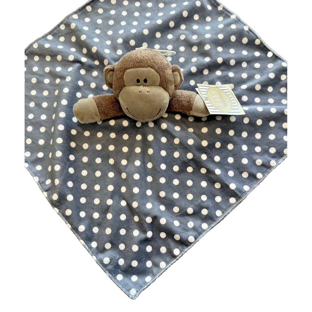 New baby starters blanket blue dots brown monkey security Satin Backing